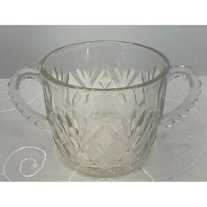 Vintage Clear Pressed Glass Sugar Bowl With Dual Handles & Intricate Starburst D